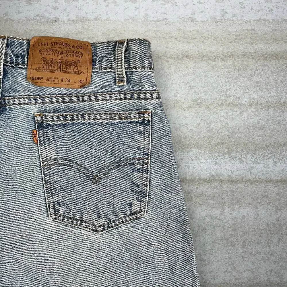 Vintage 90s Levis Jeans 505 34x30 Regular Straight Leg Fit Light Wash Orange Tab